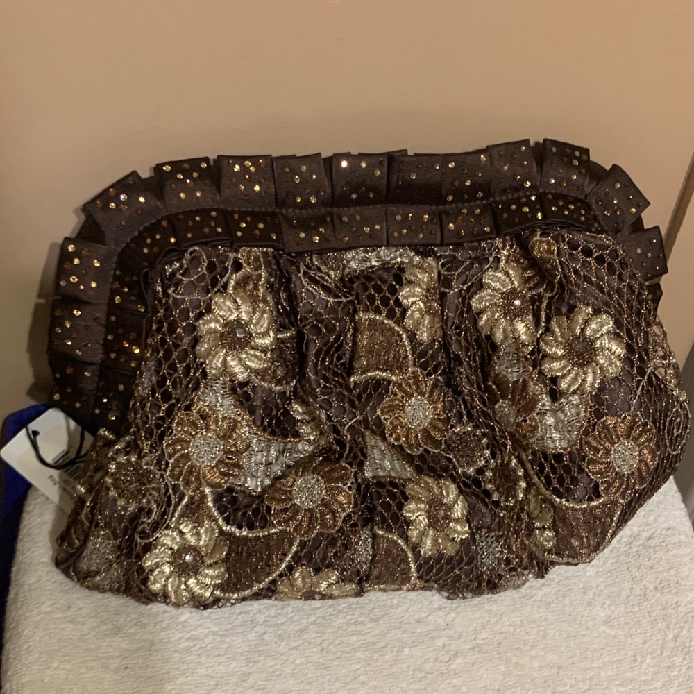 Elegant Floral Lace Clutch - Brown and Gold